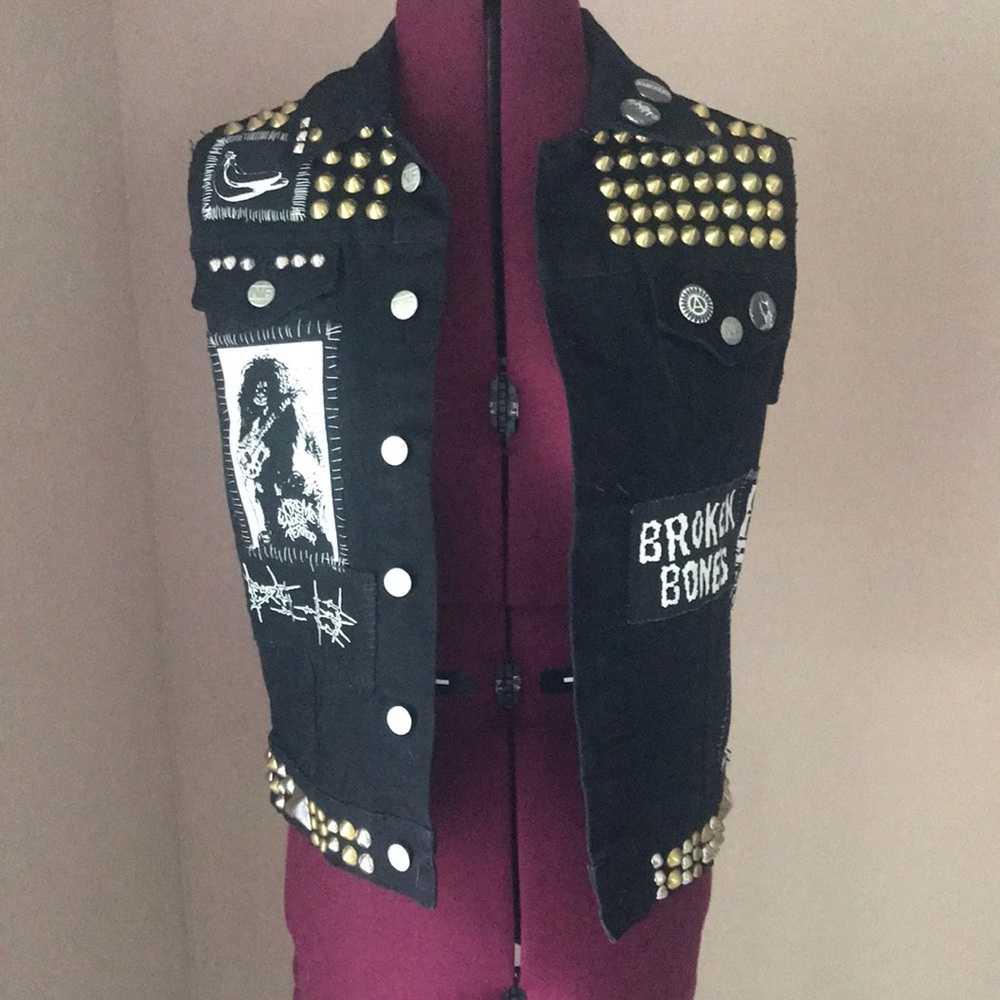 Crust Punk Black Jean Vest Anarchy Studded Button